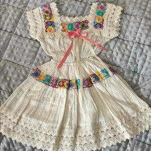 Cream Dress with Colorful Floral Embroidery